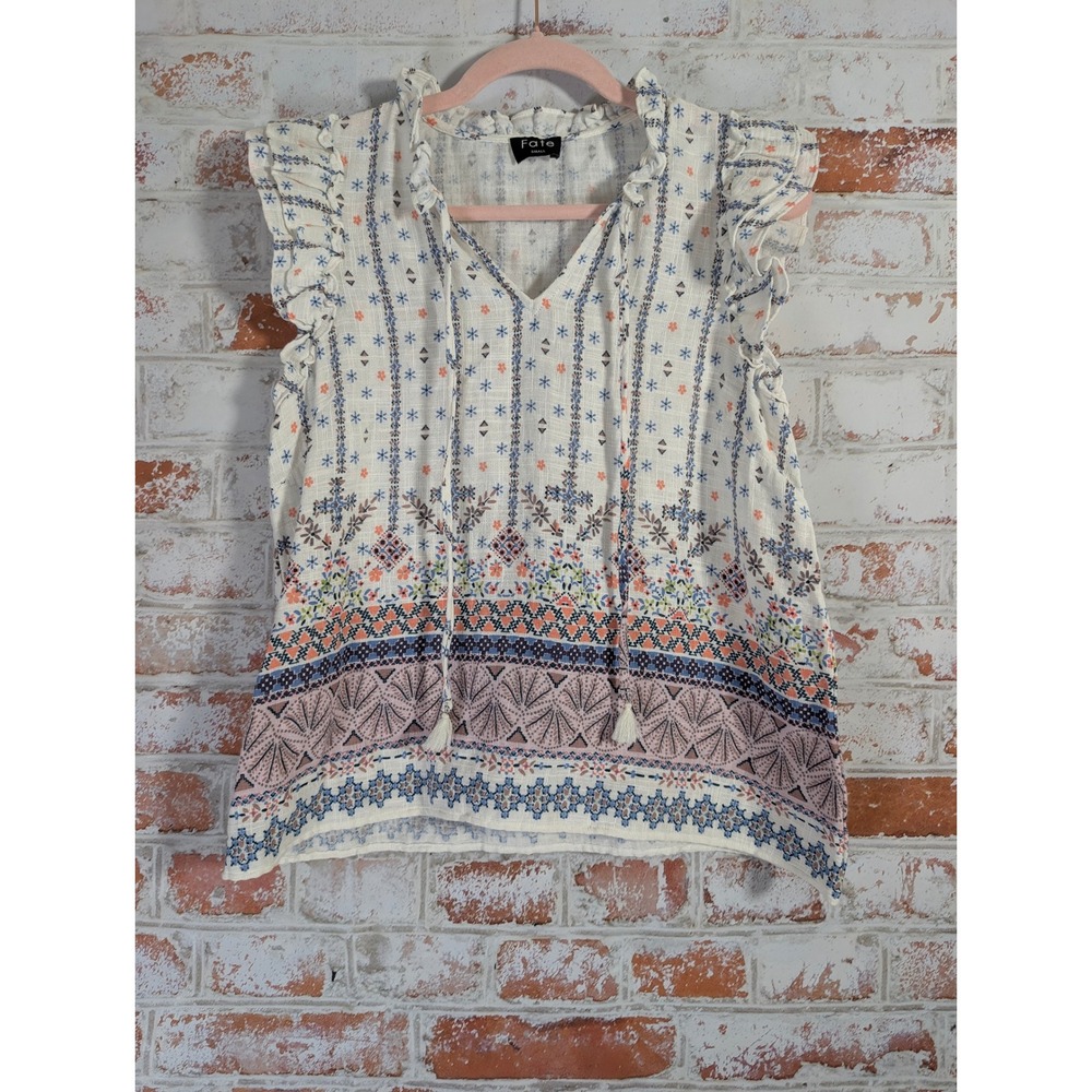 Fate Boho Flutter‎ Sleeve Top Women Small White Blue Floral Ruffle V-Neck Blouse